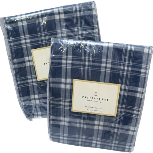 POTTERY BARN Cafe Curtains Blue Plaid Cotton Voile 44" Drape Pair