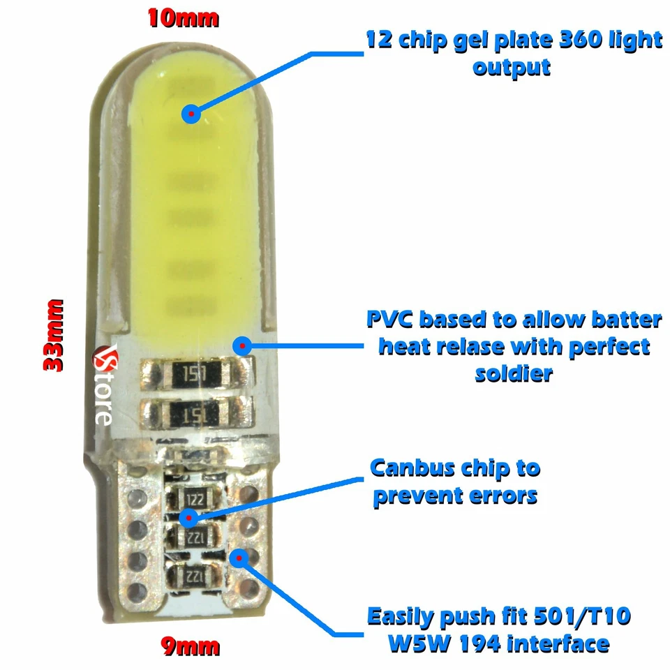 4 Lampade Led T10 Gel Silica SMD COB No Errore Canbus BIANCO Lampadine W5 12V VS - Immagine 2 di 3