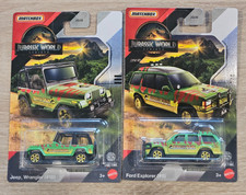 MATCHBOX JURASSIC WORLD REBIRTH PARK. JEEP WRANGLER #18 et FORD EXPLORER #5