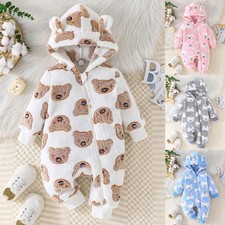 Newborn Baby Boy Girl Teddy Bear Fleece Hooded Jumpsuit Bodysuit Romper Clothes