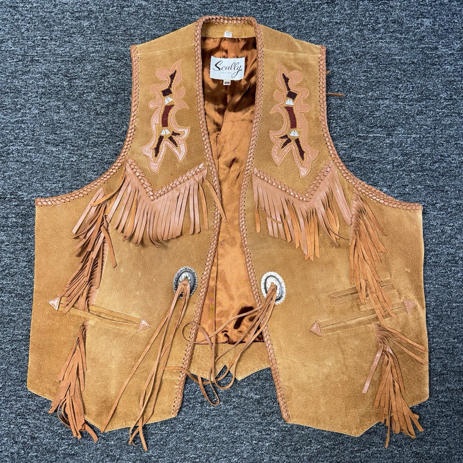 Vintage RARE Mens Scully Suede Leather Fringe Beaded Western Vest - Size 48
