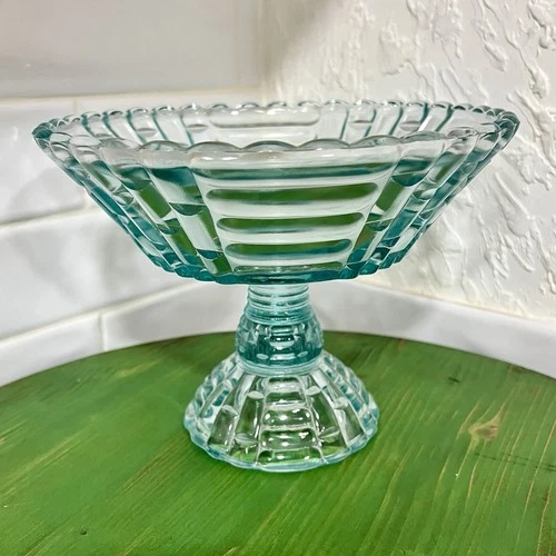 Vintage Jeannette Glass Louisa Ice Blue Floragold Pedestal Compote Fruit Bowl EC
