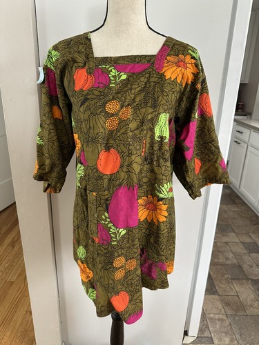 Vtg Design House 60s Smock Japan Vegetable Floral Cotton Tie Back Size M - AS IS