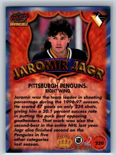 1997 Pacific Invincible #220 Jaromir Jagr Pittsburgh Penguins HOF - Picture 2 of 2