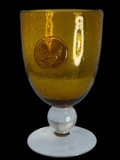 Pier 1 Rooster Water Glass Goblet Hand Blown Amber Seeded Bubble 6”