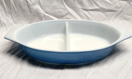 Vintage Pyrex Horizon Blue Divided Dish 1 Quart Oval Split Casserole Dish #6