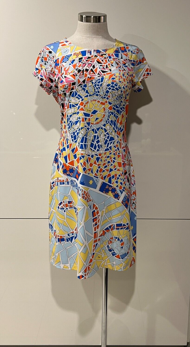 EMILIO PUCCI Italy Blue/Orange Silk Jersey Mosaic Pucci Dress 40IT