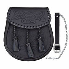 KILT SPORRAN CELTIC SCROLL EMBOSSED BLACK LEATHER LACE WOVEN EDGE KILTWEAR KILTS
