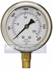 LIQUID FILLED PRESSURE GAUGE 0-3,000 PSI 2.5" FACE, 1/4" NPT LOWER MOUNT WOG