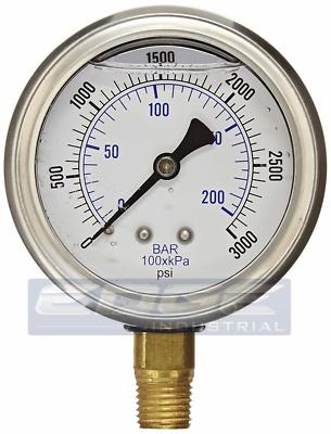 LIQUID FILLED PRESSURE GAUGE 0-3,000 PSI 2.5'' FACE, 1/4'' NPT LOWER MOUNT WOG