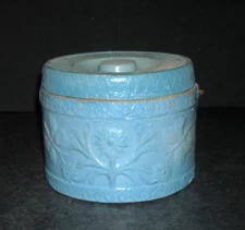 Small 1# Blue & White Stoneware "Dragonfly & Thistle" Butter Crock Salt Glaze