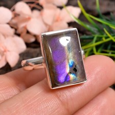 Natural Purple Labradorite Stone Ring 925 Sterling Silver Boho Ring Gift Jewelry