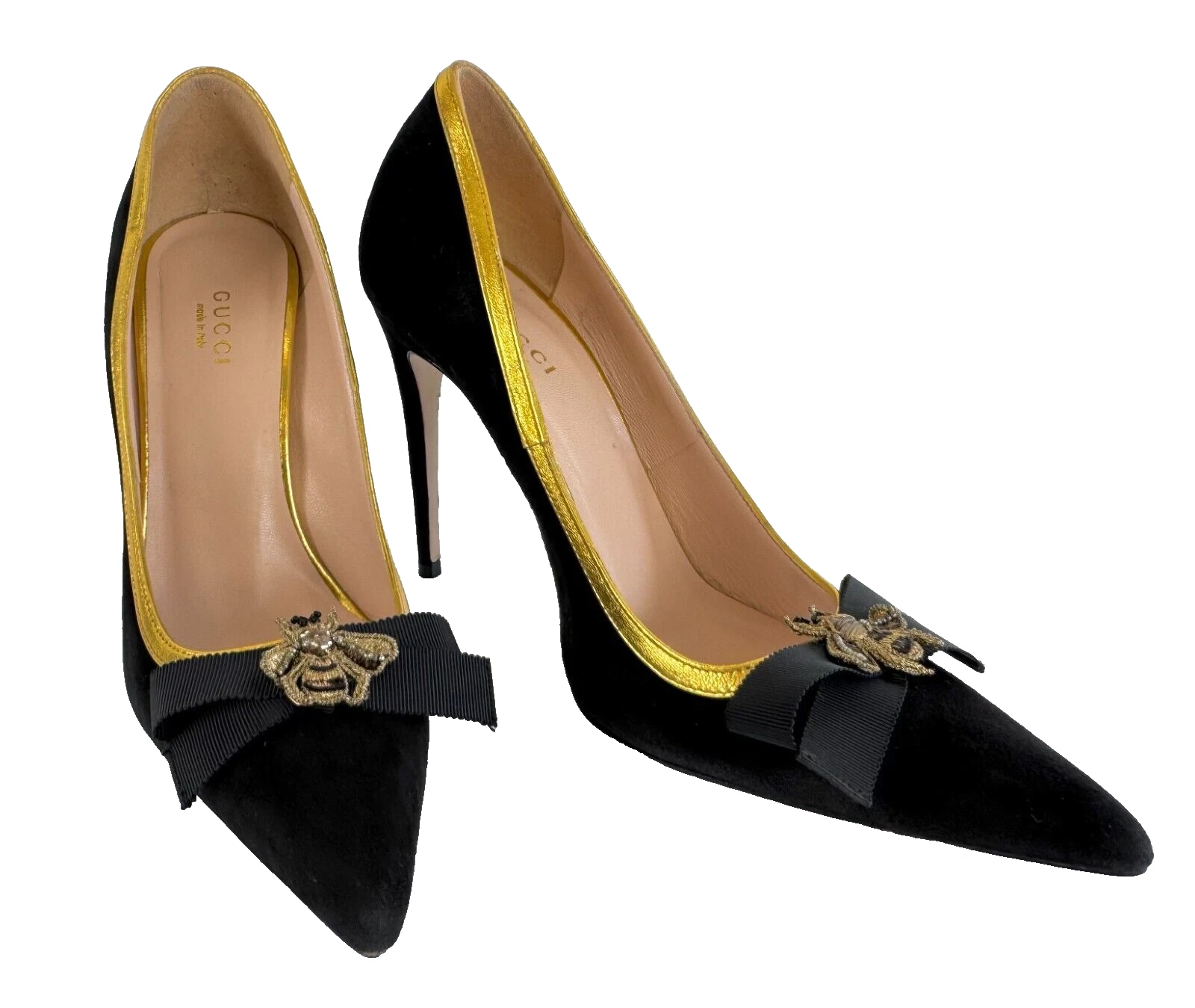 Gucci 6 US 36 EU noir daim cuir brodé or abeille nœud escarpins chaussures piste
