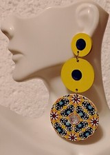 Vibrant Geometric Wooden Stud Earrings with Colorful Gem Accents 3" Dangle