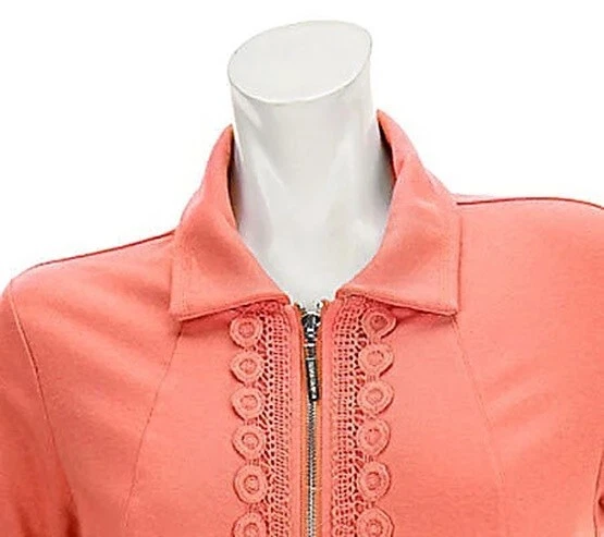 Susan Graver XL Coral Peach French Terry Knit Zip Front Jacket with Crochet Trim - Image 3 of 4