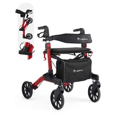 Folding Rollator Walkers 2 in 1 Aluminum Rolling Walker 350LB Capacity 8'' Wheel