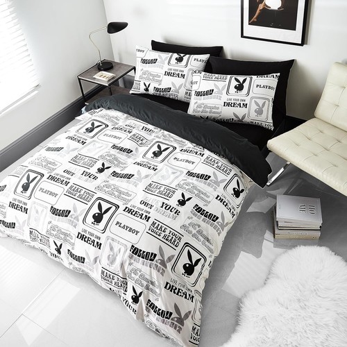 Playboy Classic Bunny Head Duvet Cover Reversible Quilt Bedding Set King Black - Picture 2 of 5