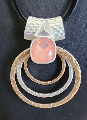 Pink Stone Silver Rings Holder on Leather Cord Necklace- 24-36 inches 