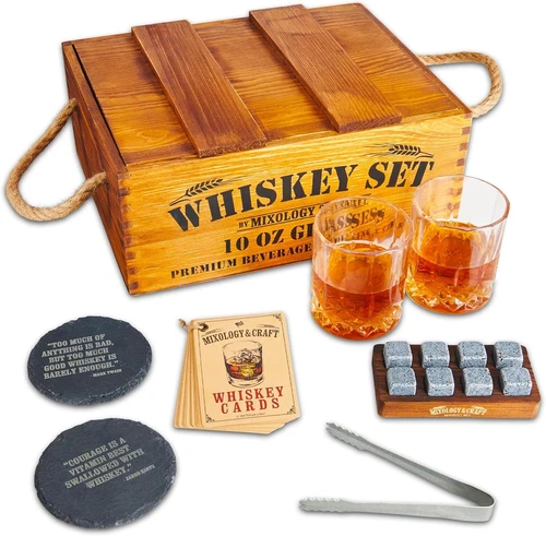 Mixology & Craft Whiskey Stones Gift Set for Men - 2 Glasses, 8 Chilling Rocks &