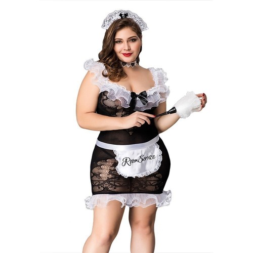 Adult Cosplay Costume Black Mesh Lace Plus Size Women Sexy Maid Costume Uniform - Picture 2 of 6