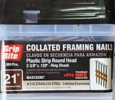 New GRIP RITE Collated framing nails 2-3/8"x 120 1000ct Plastic Strip Round Head