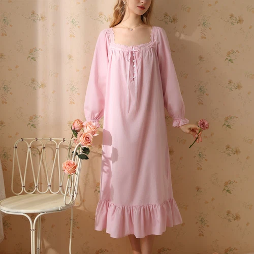 Women's Cotton Nightgown Princess Square Neck Long Sleeve Sleep Dress - Picture 14 of 53