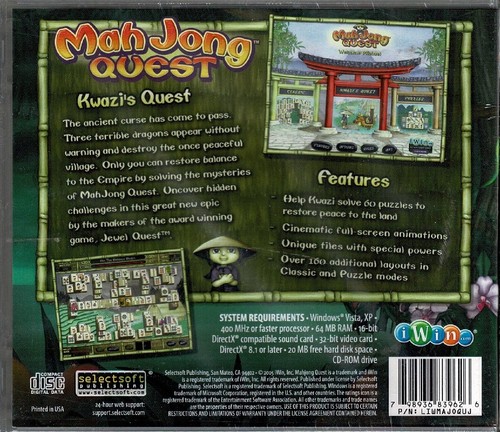 Mahjongg Mah Jong Quest Pc New Vista XP Kwazi's Quest 60 Puzzles Animation Fun - Picture 2 of 2