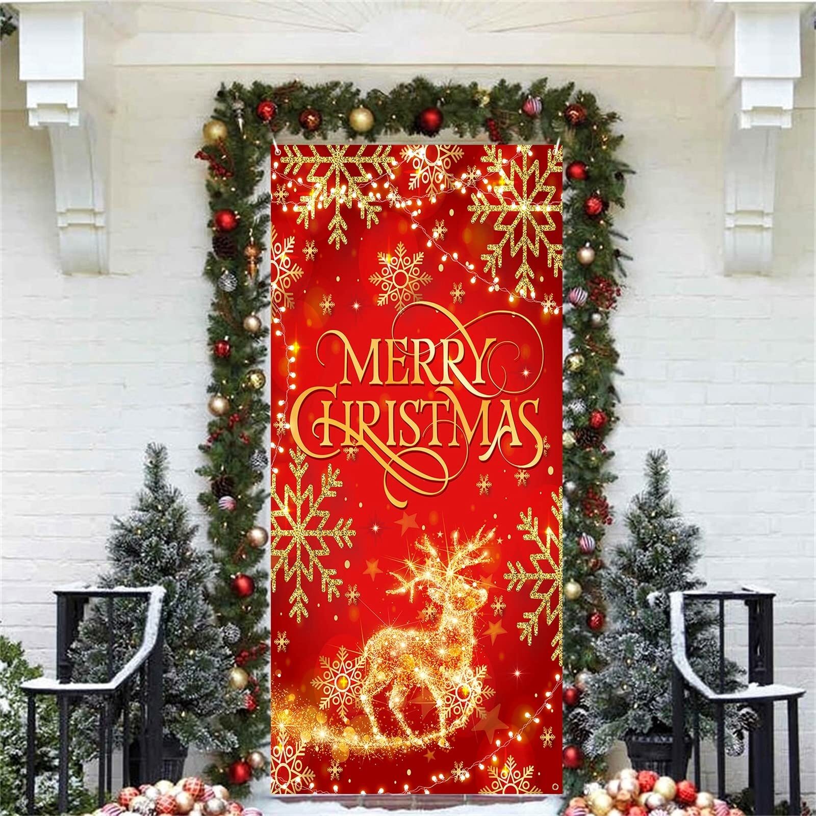 Christmas Decorations Door Cover, Red Glitter Merry Christmas Reindeer Elk Do...