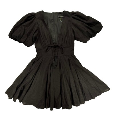 House of Harlow 1960 Mini Dress Puff Sleeve Tie Front Black Linen