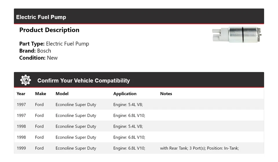 Для 1997-1999 Ford Econoline Super Duty Bosch Электрический топливный насос 1998 - Изображение 2 из 4