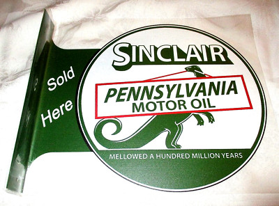 SINCLAIR PENNSYLVANIA MOTOR OIL Double-Sided Imprint Metal Flange Sign #2 - NEW