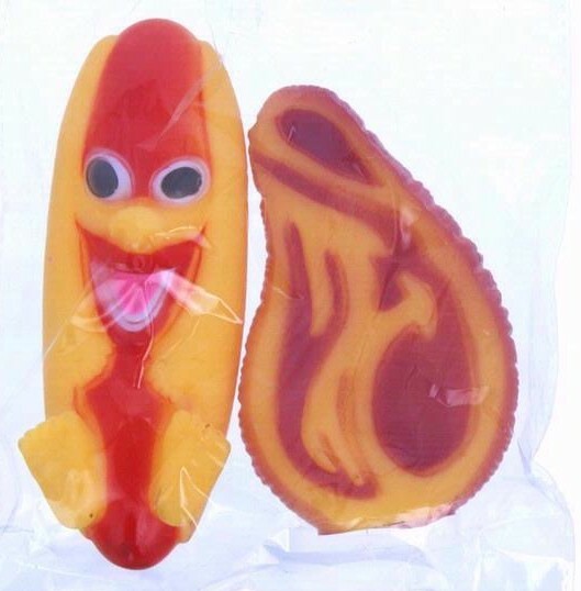 RUBBER DOG CHEW PUPPY PLAY TOY MEAT STEAK SAUSAGE SQUEAKY STRONG TOUGH