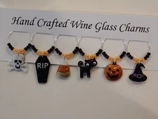 "HALLOWEEN  GLITTER "(Set #2) set of 6 hand crafted  wine glass charm markers