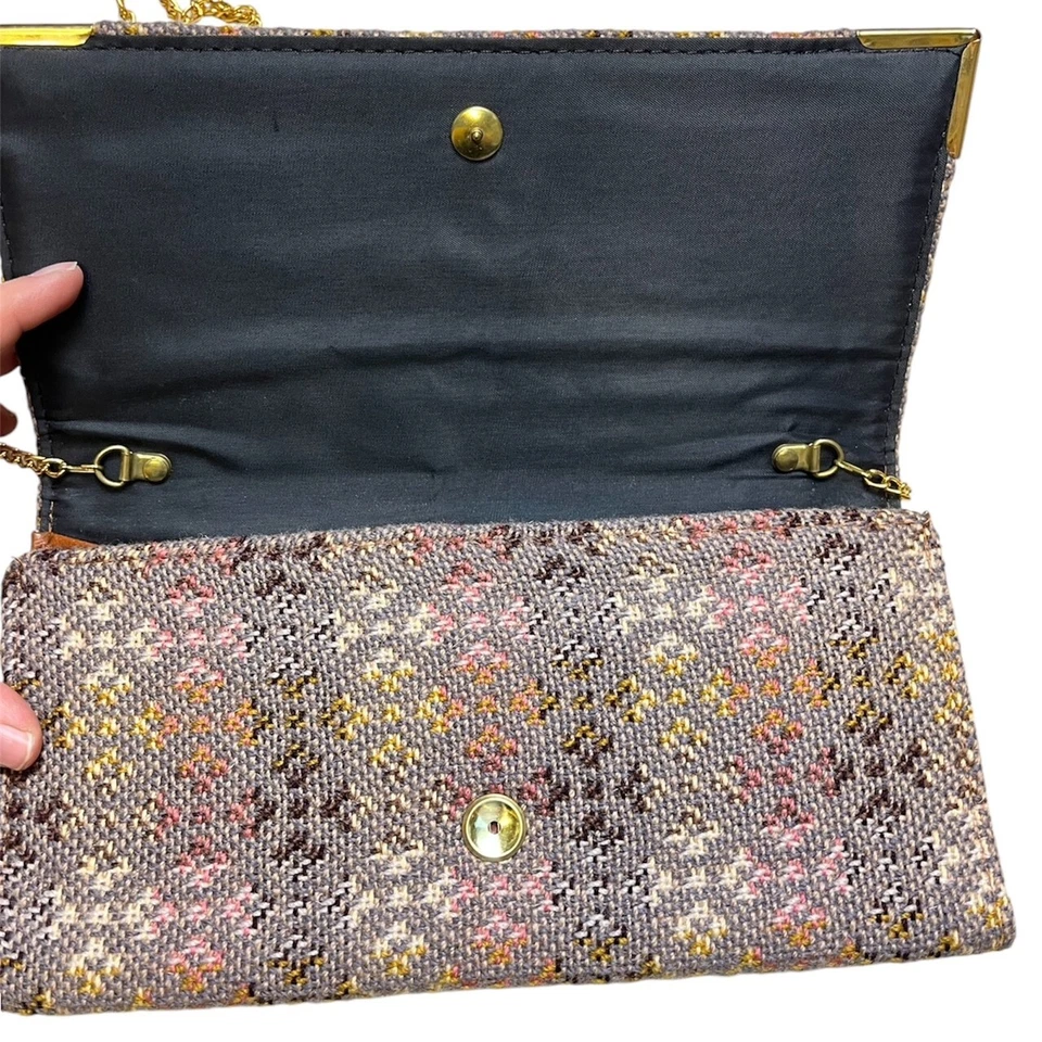 Vintage 60's Frizione Borsa Gallese Lana Tessuta Marrone Catena Cinturino Con - Immagine 3 di 4