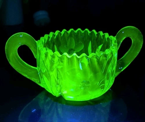 Vintage Green Vaseline Uranium Glass Depression Glass Sugar Bowl Floral Pattern