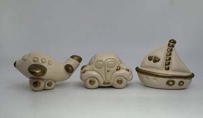 Vintage Thun Italy Ceramic Transportation Set Gold Accents Plane Car Boat 3pc