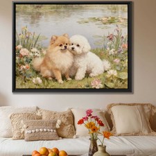 Watercolor Painting Dog Floral Artwork Pomeranian Canvas Print Living Room Decor