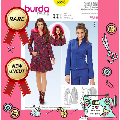Burda Young 6596 Schnittmuster - Fräulein Pelzmantel & Jacke mit Kapuze Größe 6-18