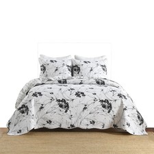 3-Piece Polyester Black and White Botanical Floral Quilt Bedspread Set BY222