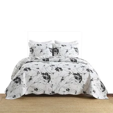 3-Piece Polyester Black and White Botanical Floral Quilt Bedspread Set BY222