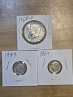 90% & 40% US Silver: 1968-D Kennedy Half Dollar & 1947, 1964 Roosevelt Dimes