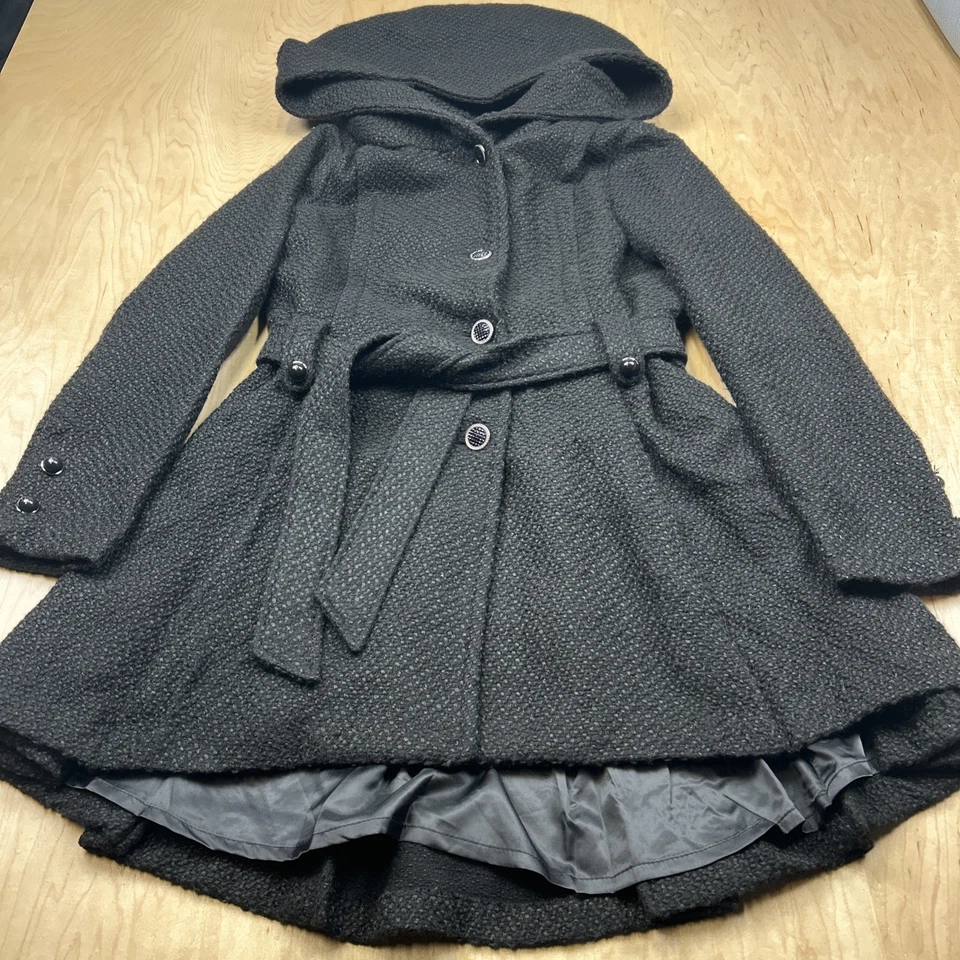 Steve Madden Mujer Mediano Negro Con Capucha Cinturón Dobladillo Peplum Abrigo Chaqueta Cálido Foto 2 de 4