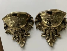 Vtg Gold Ornate Plastic Wall Planters Pockets Sconces Hollywood Regency Pair