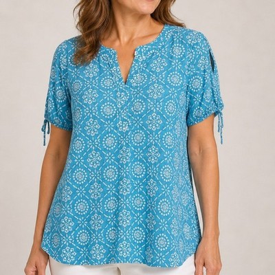 Talbots Tunic XS Blue Cotton Boho Split Neck Short Sleeve Coastal Relaxed