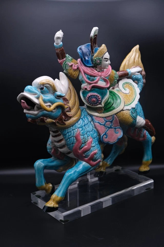 Antique Chinese Ceramic Roof Tile Warrior Riding Dragon Foo Dog - Image 3 of 4