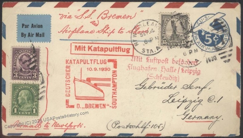 USA 1930 Bremen Catapult K46 Cover Airmail Leipzig Germany 15c Liberty Bu 116209