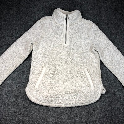 Cozy Sherpa Pullover Fleece Jacket White Cream Size S Pockets Quarter Zip