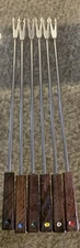 VTG MCM Made Japan Stainless Steel Wood Handles Fondue Forks Set of 6 Color Dot
