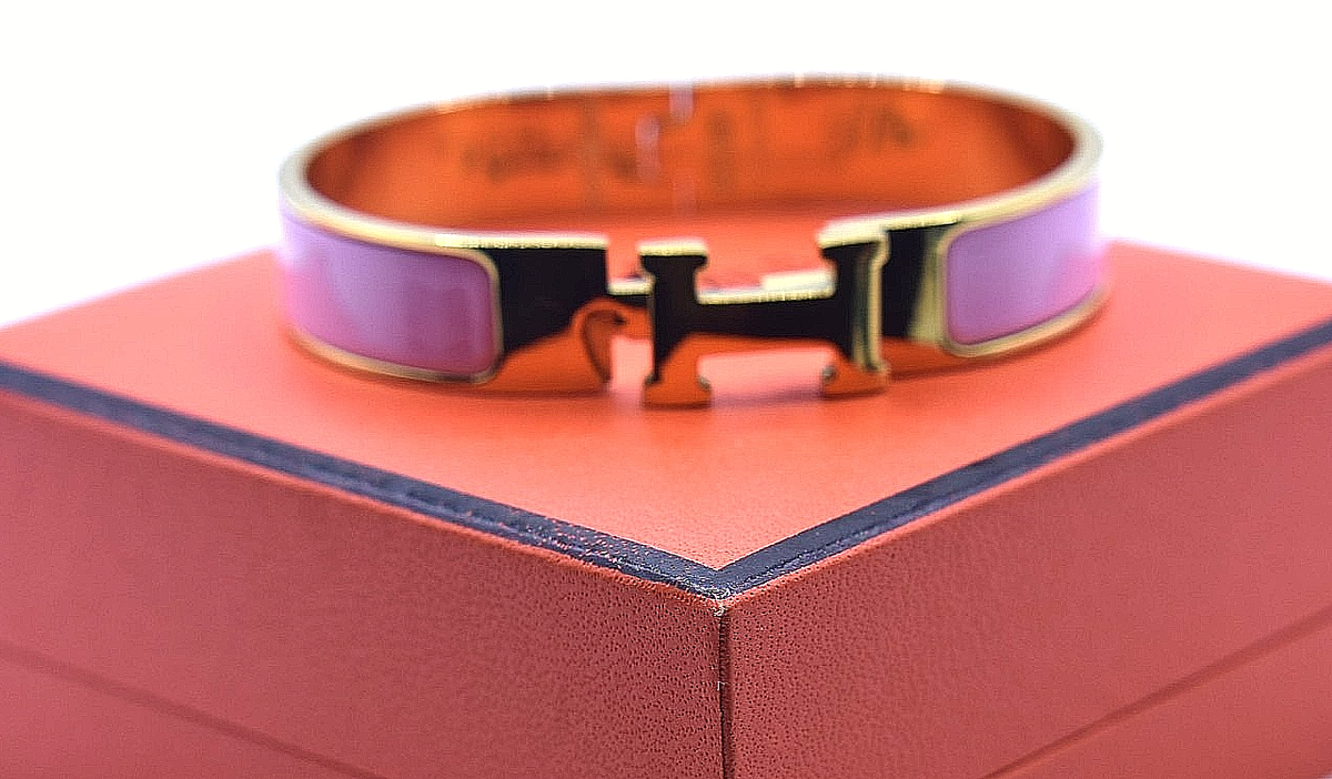 New Hermes Clic H PINK Enamel Silver Bracelet, Box, Shop Bag