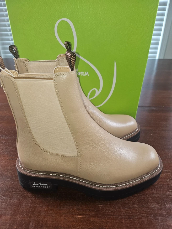 ¡Botas impermeables para mujer Sam Edelman Laguna de cuero sésamo! Talla US 7W Foto 2 de 4
